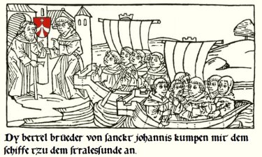 Strophe 3 'Die Geistlichkeit' - Die Franziskaner von St Johannis kommen in Stralsund an