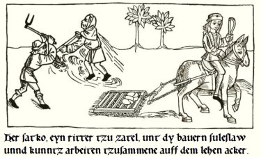 Strophe 5 'Die Bauern' - Ritter Satko und die Bauern Suleslaw und Kunz arbeiten auf dem Saateler Lehen