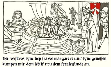 Strophe 6 'Die Städte' - Wizlaw kommt mit Margarete und seinen Genossen in Stralsund an